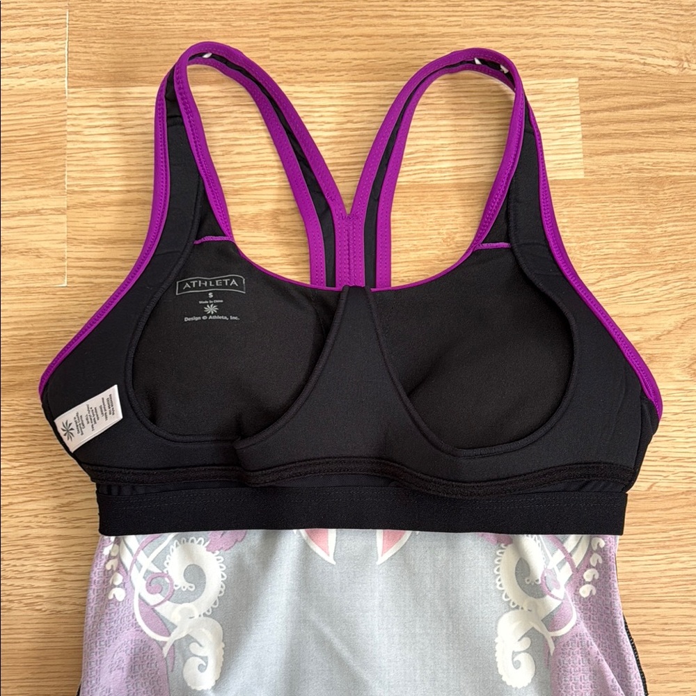 Athleta Purple Black Pink Print Adjustable Ruched Tankini Swim Top Built In Bra - Picture 8 of 9